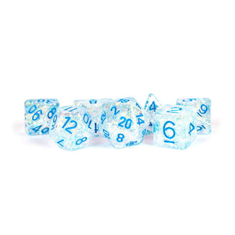 7-Die Set 16mm Flash: Clear w/ Light Blue Numbers
